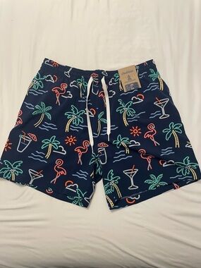 NEW CHUBBIES Navy Flamingo & Palm Print Swim Trunks